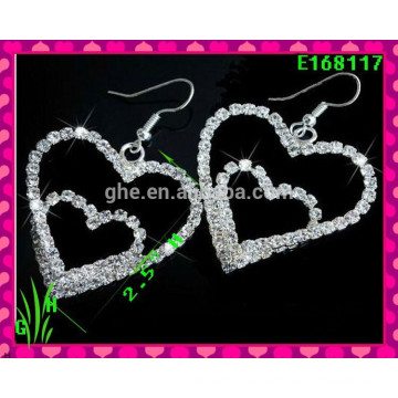 The latest design Beautiful big drop ornament earrings,new rhinestone Double heart earrings